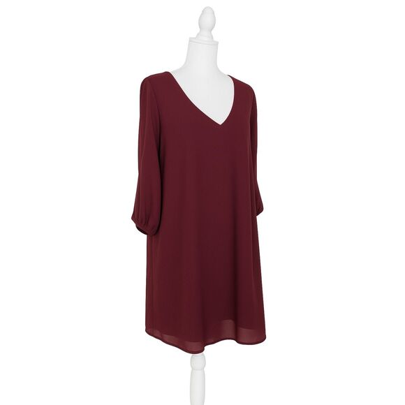 Lulus Burgundy V-Neck Shift Dress Small Sheer Sleeves Lined - Picture 2 of 13